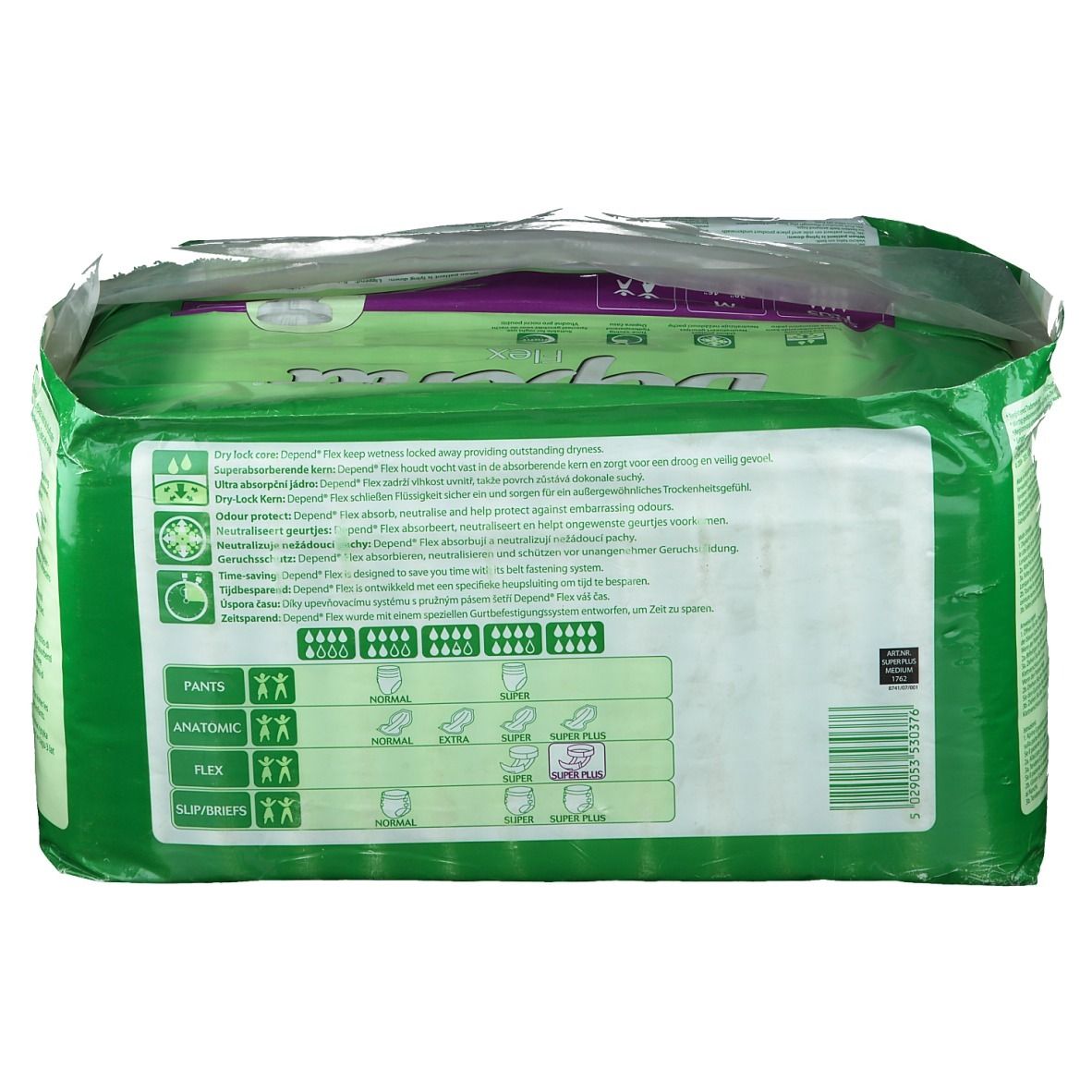 Achterkant van de verpakking Depend Flex. Groen met productinformatie en pictogrammen. Bevat een tabel met absorptieniveaus.