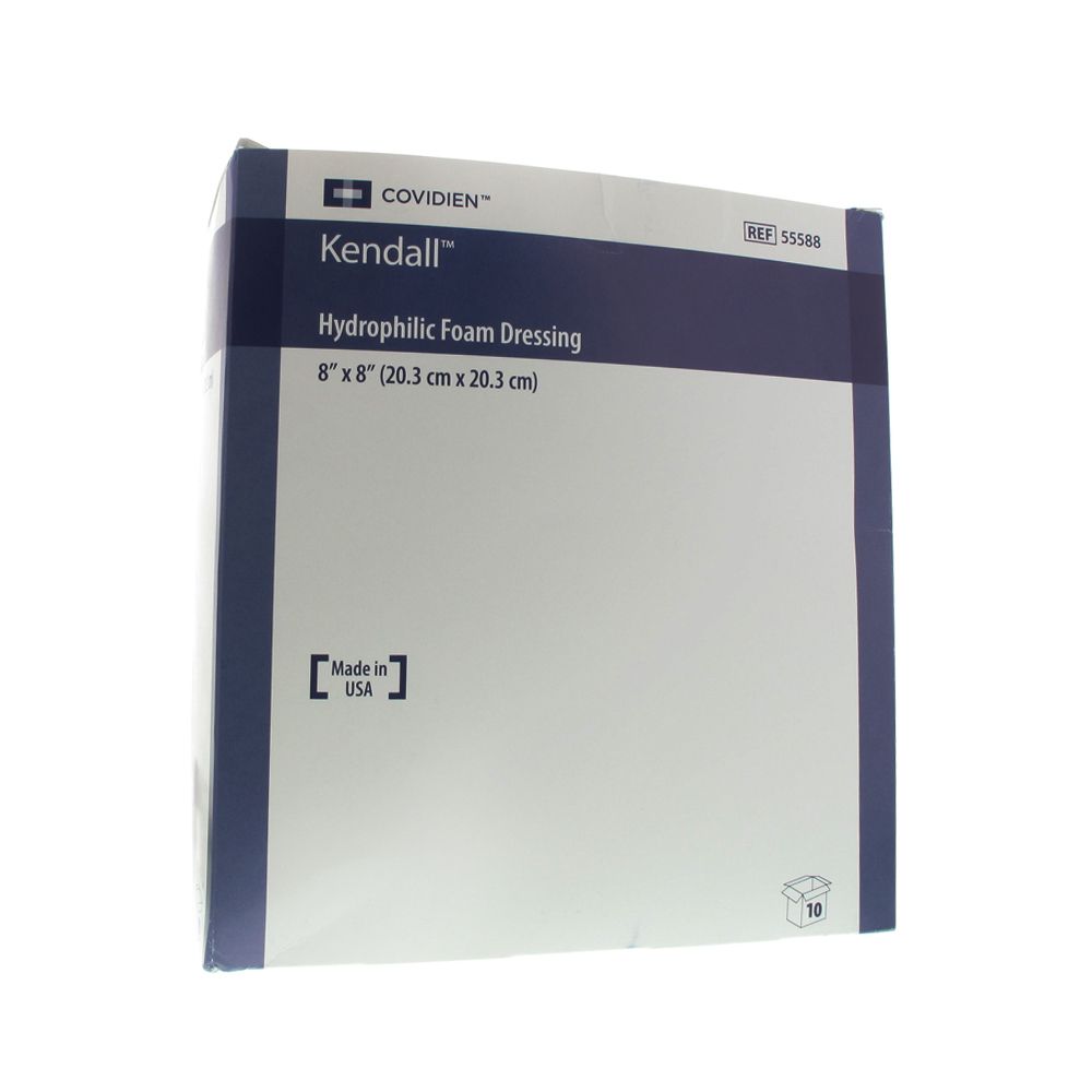 Verpakking van Kendall Hydrophilic Foam Dressing. Afmeting 8" x 8" (20,3 cm x 20,3 cm). Bevat 10 stuks. Gemaakt in de VS.