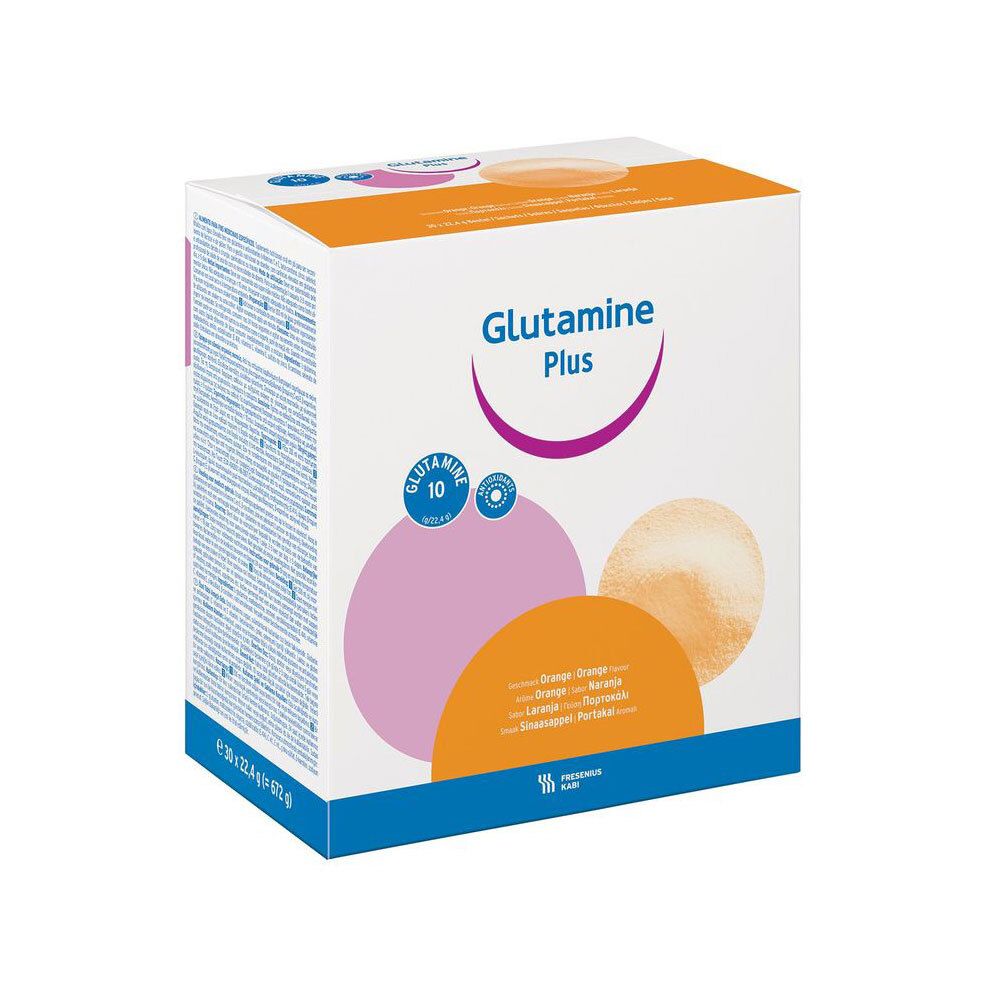 Boîte de produit Glutamine Plus. Inscription : Glutamine Plus, cercles rose, orange et beige. Logo et texte.