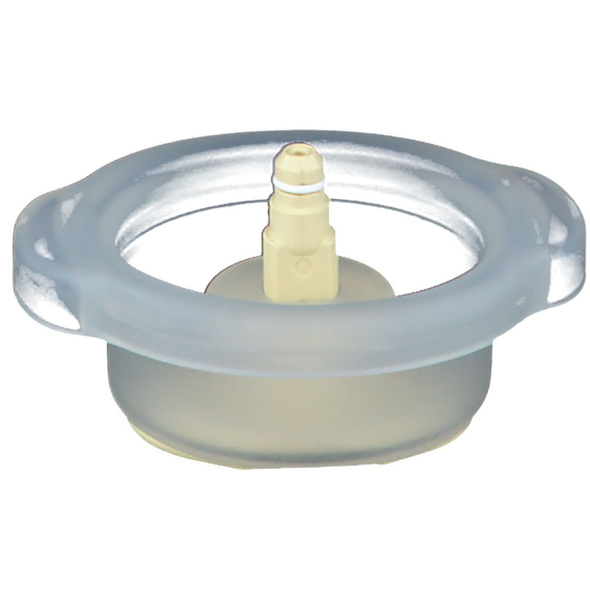 Embout en silicone avec anneau et raccord central. Insert cylindrique jaune clair. Anneau transparent avec renflements latéraux.