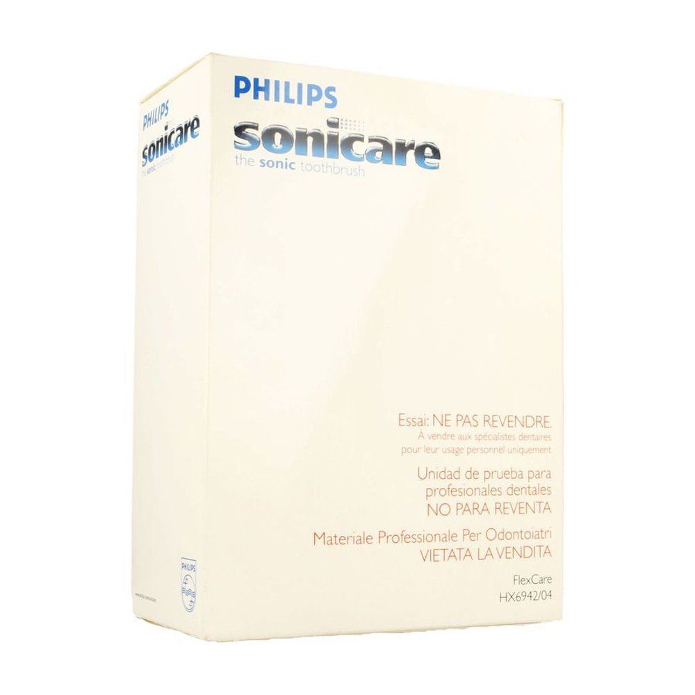 Boîte beige Philips Sonicare. Texte: Essai NE PAS REVENDRE, FlexCare HX6942/04. Pour professionnels dentaires.