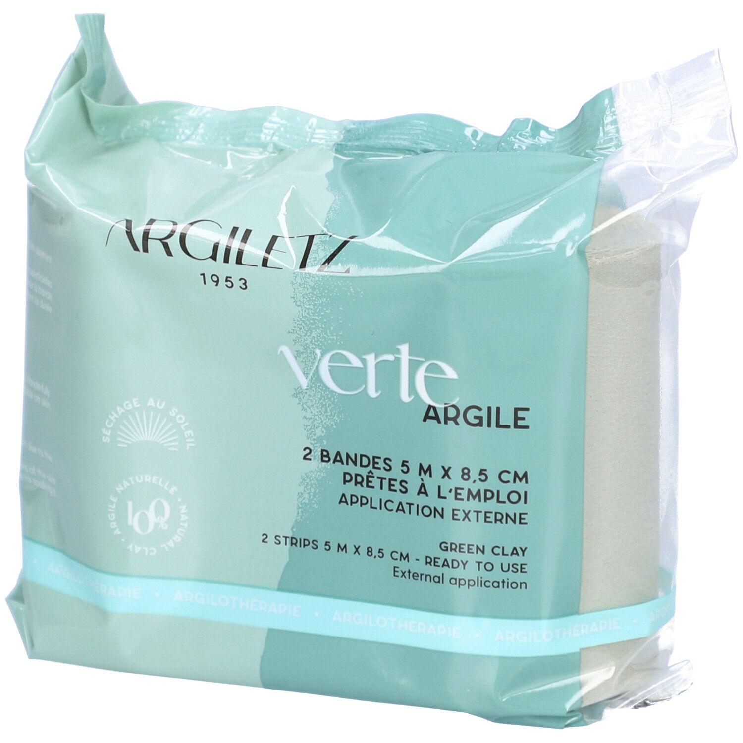 Emballage de bandes d'argile verte. Inscription: Argiletz, Verte Argile, 5 m x 8,5 cm. Prêtes à l'emploi, application externe.