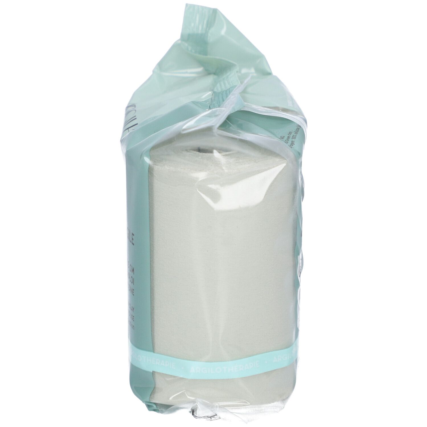 Emballage d'un rouleau de bandes d'argile verte. Inscription illisible. Produit emballé dans du film plastique.