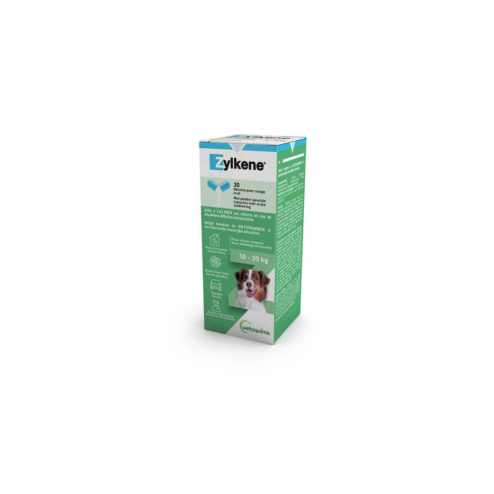 Doos. Opschrift: Zylkène. 30 capsules. Afbeelding van een hond. Groen en wit.