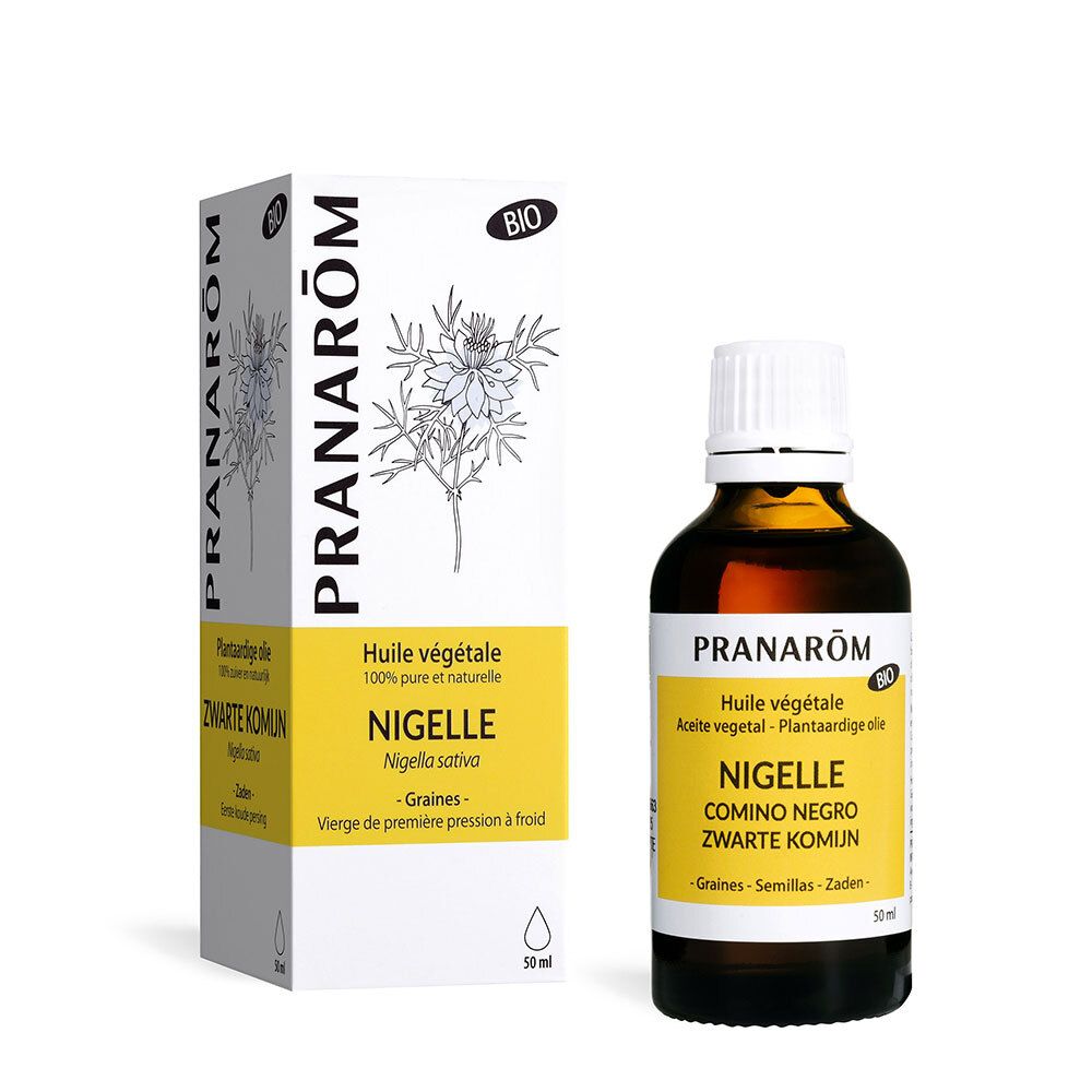 Flacon en verre brun avec bouchon blanc. Étiquette jaune avec texte. Emballage blanc avec logo et texte. Certification BIO.