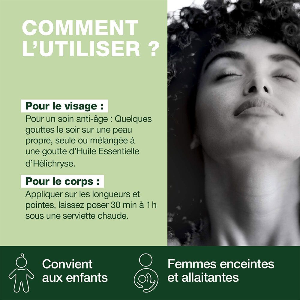 Flacon en verre brun avec bouchon blanc. Étiquette jaune avec texte. Certification BIO. Nom du produit et ingrédients.