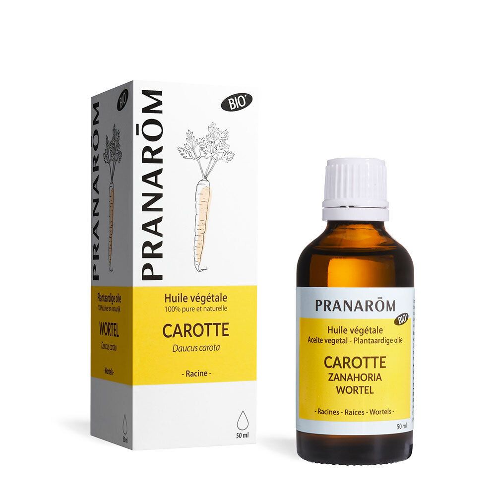 Flacon en verre brun avec bouchon blanc. Étiquette avec nom et marque. Certification bio.