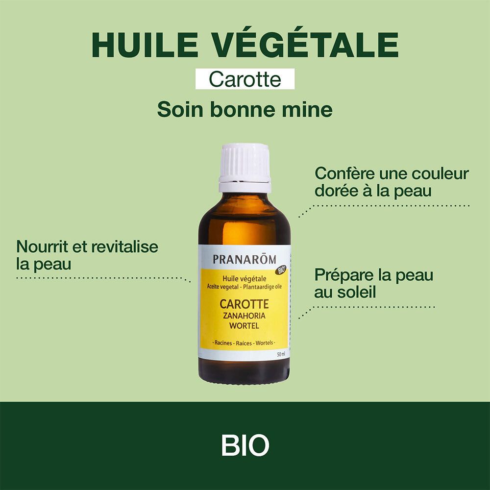 Flacon avec étiquette jaune. Texte: Huile végétale, Carotte, Zanahoria, Wortel. Certification bio.