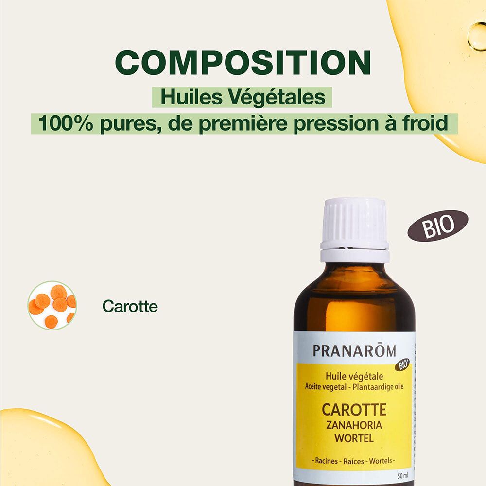 Flacon avec étiquette jaune. Texte: Huile végétale, Carotte, Zanahoria, Wortel. Certification bio.