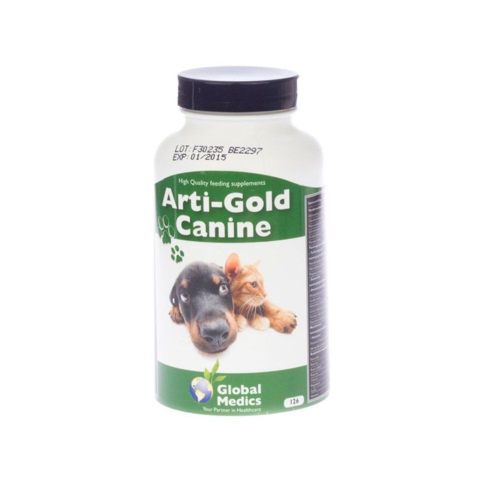 Pot 'Arti-Gold Canine' met puppy en kitten, 'Joint Care' opschrift.
