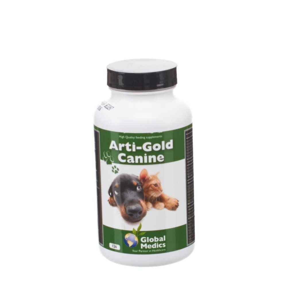 Pot 'Arti-Gold Canine' met puppy en kitten, 'Global Medics' logo.