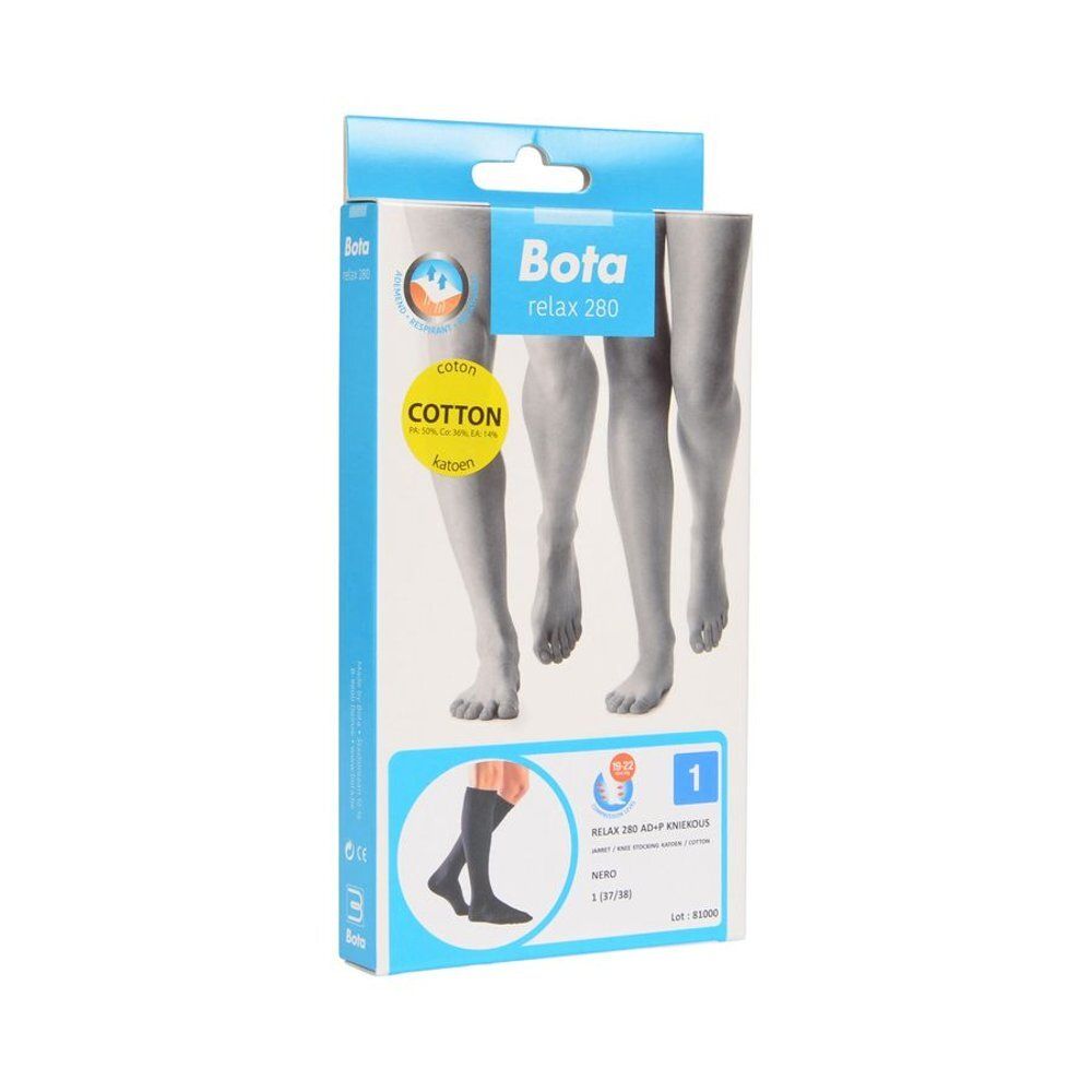Verpakking van Bota Relax 280 kniekousen. Bedrukt met productnaam, maten en illustraties.
