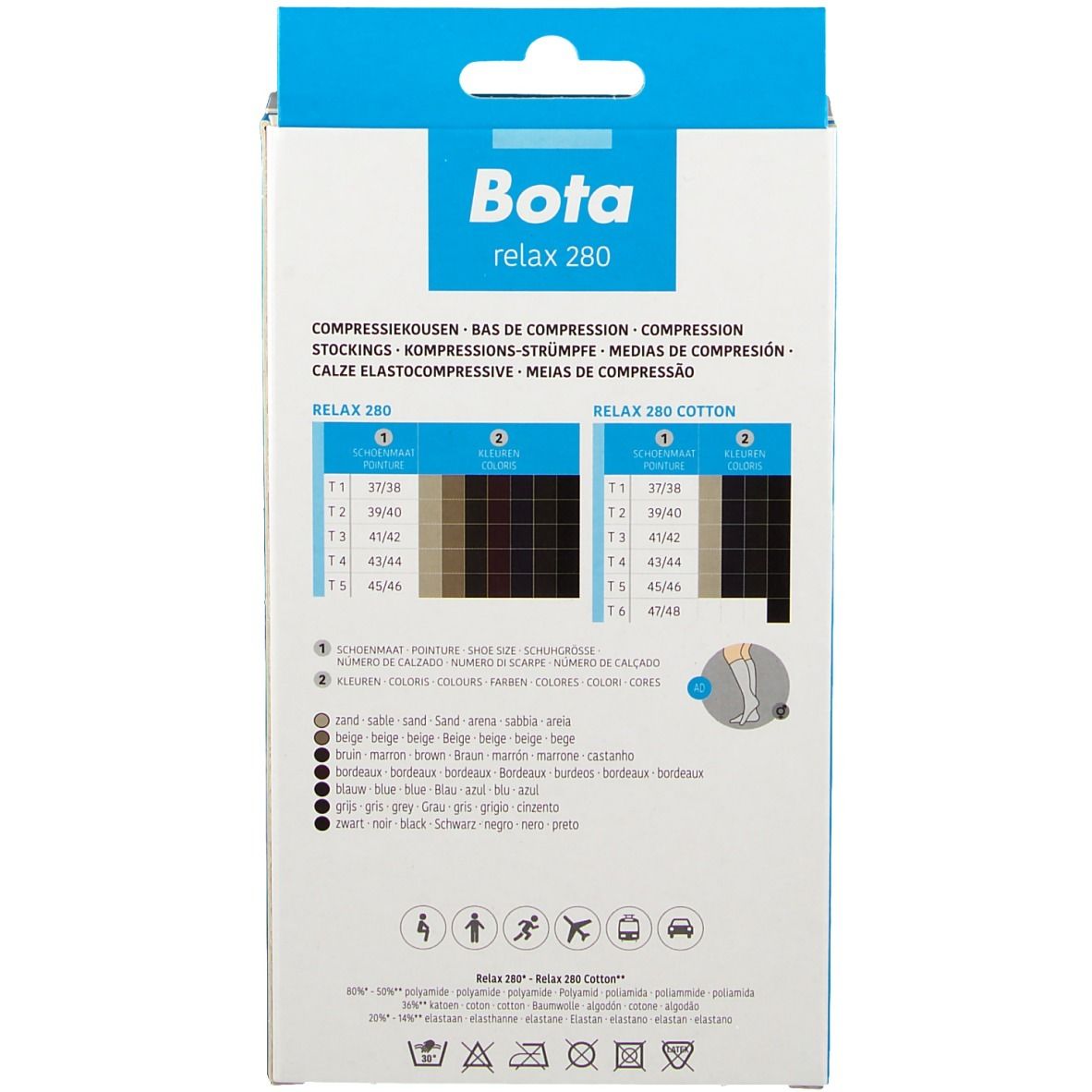Achterkant van de verpakking met maattabel en kleurenselectie voor Bota Relax 280 kniekousen. Productnaam en logo.