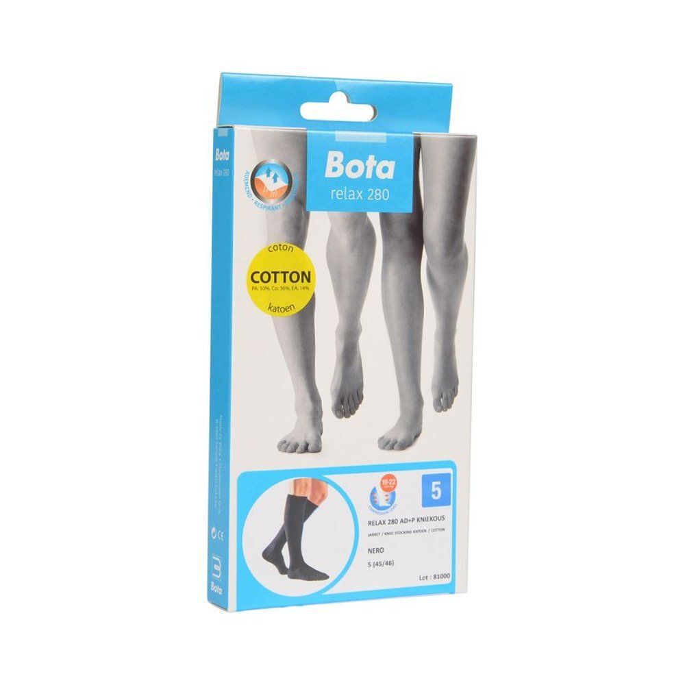 Boîte de bas de compression Bota Relax 280. Taille 5 (45/46). Bas noirs en coton. Illustration de jambes.