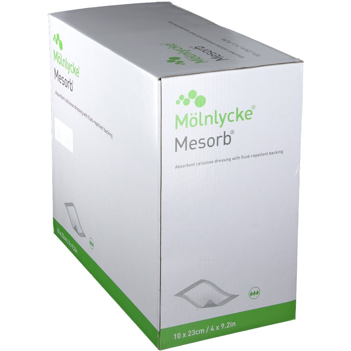 Boîte de compresses Mesorb. Fabricant : Mölnlycke. Dimensions : 10 x 23 cm. Pansement absorbant en cellulose avec dos hydrofuge.