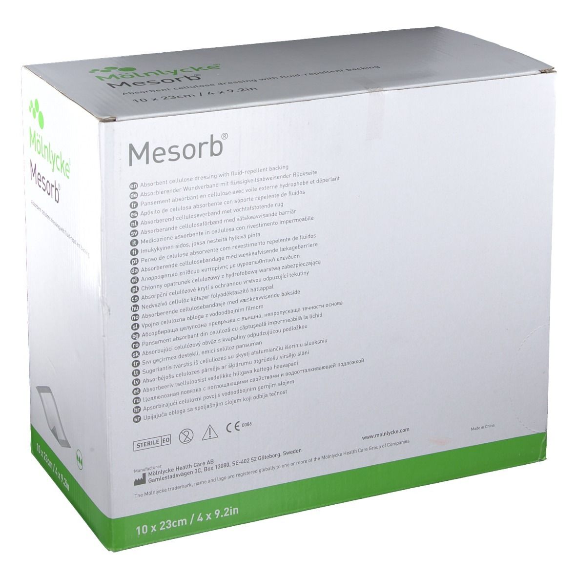 Boîte de compresses Mesorb. Fabricant : Mölnlycke. Dimensions : 10 x 23 cm. Pansement absorbant en cellulose avec dos hydrofuge.