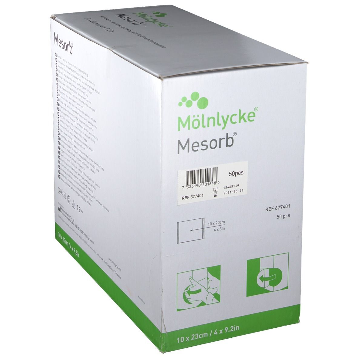 Boîte de compresses Mesorb. Fabricant : Mölnlycke. Dimensions : 10 x 23 cm. 50 pièces. Pansement absorbant en cellulose avec dos hydrofuge.