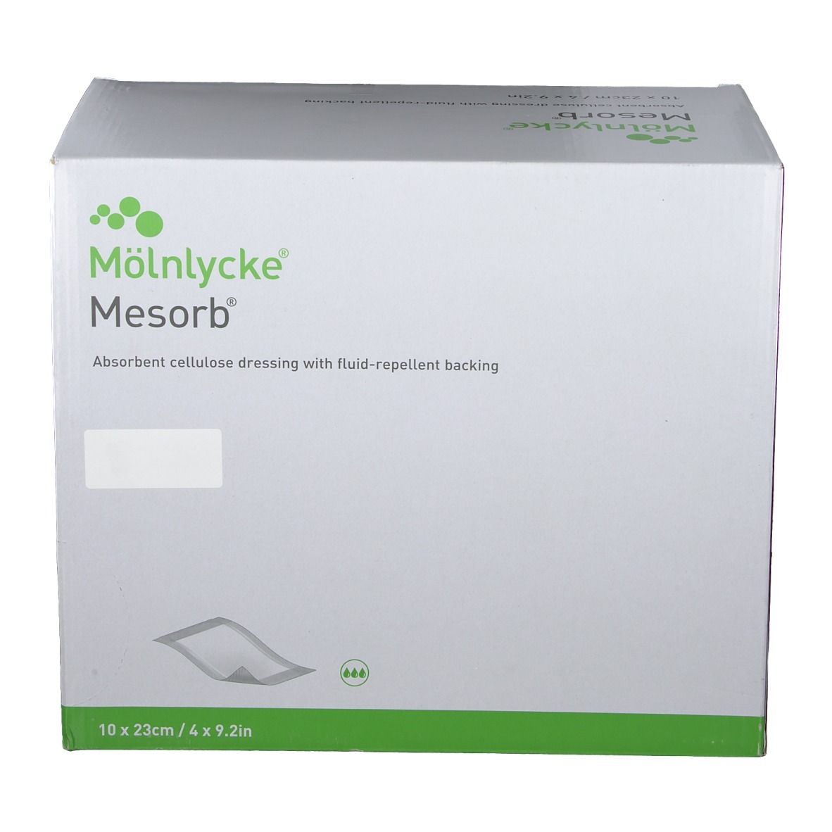 Boîte de compresses Mesorb. Fabricant : Mölnlycke. Dimensions : 10 x 23 cm. Pansement absorbant en cellulose avec dos hydrofuge.