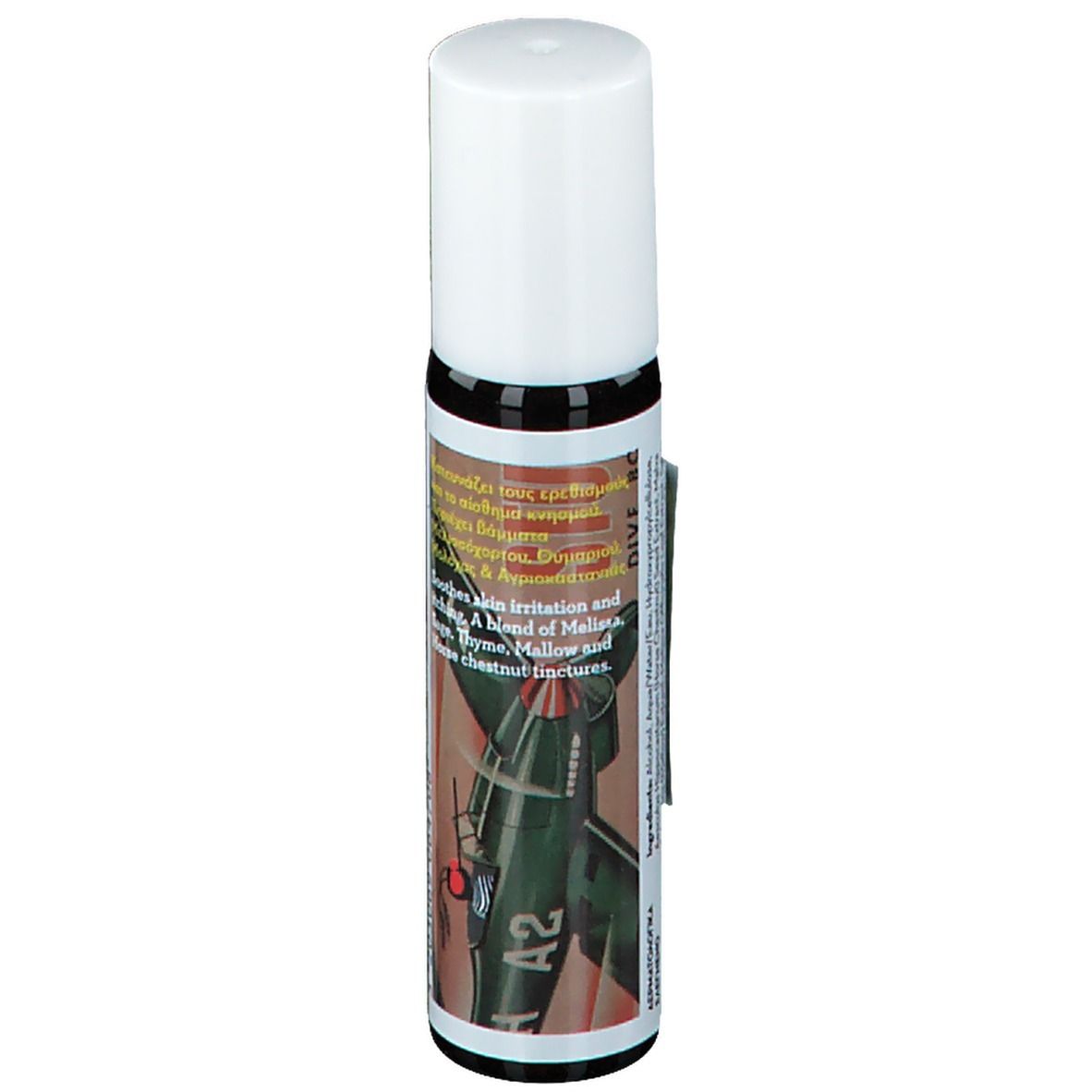 KORRES® roller. Bruine glazen fles met witte dop. Etiket met tekst en illustratie.