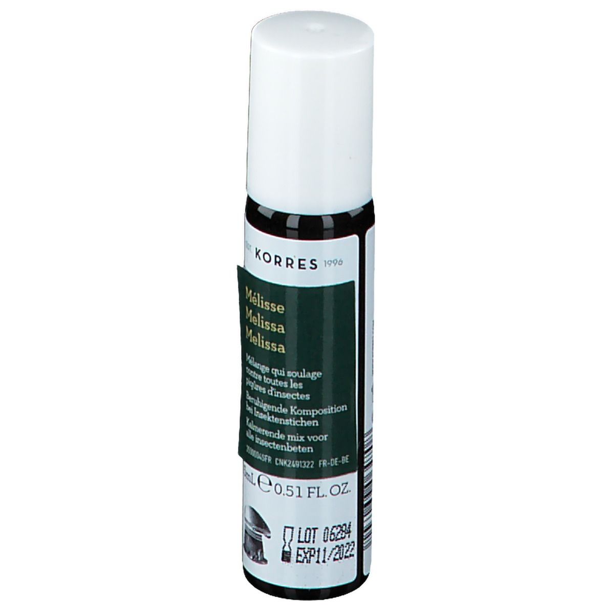 KORRES® roller. Bruine glazen fles met witte dop. Etiket met productnaam en tekst.