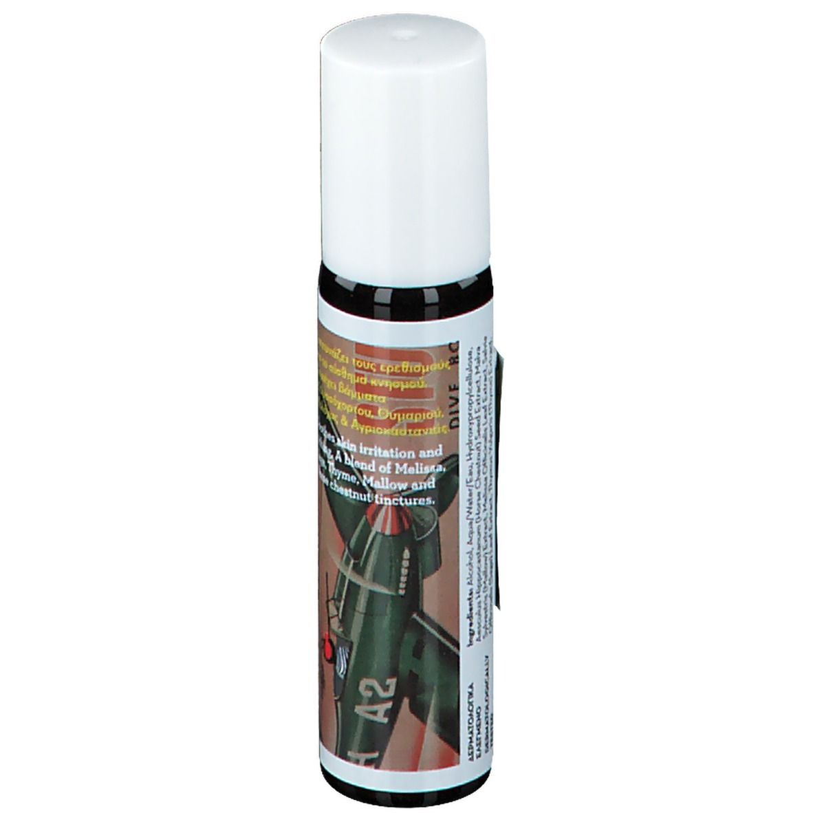 KORRES® roller. Bruine glazen fles met witte dop. Etiket met tekst en illustratie.