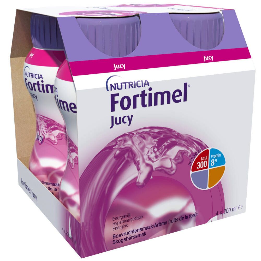 Emballage de bouteilles Fortimel Jucy. Quatre bouteilles dans un emballage carton. Inscription: Nutricia, kcal 300, Protéines 8g.