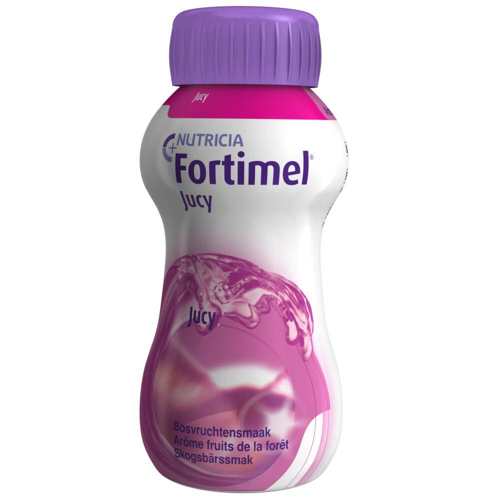 Bouteille individuelle Fortimel Jucy. Inscription: Nutricia, Bosvruchtensmaak, Arôme fruits de la forêt, Skogsbärssmak. Bouchon violet.