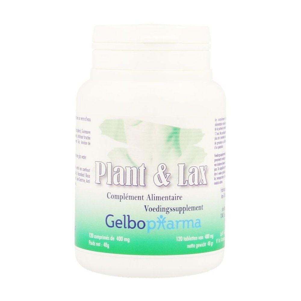 Flacon blanc avec bouchon blanc. Inscription: Plant & Lax. Complément alimentaire. Gelbo pharma.