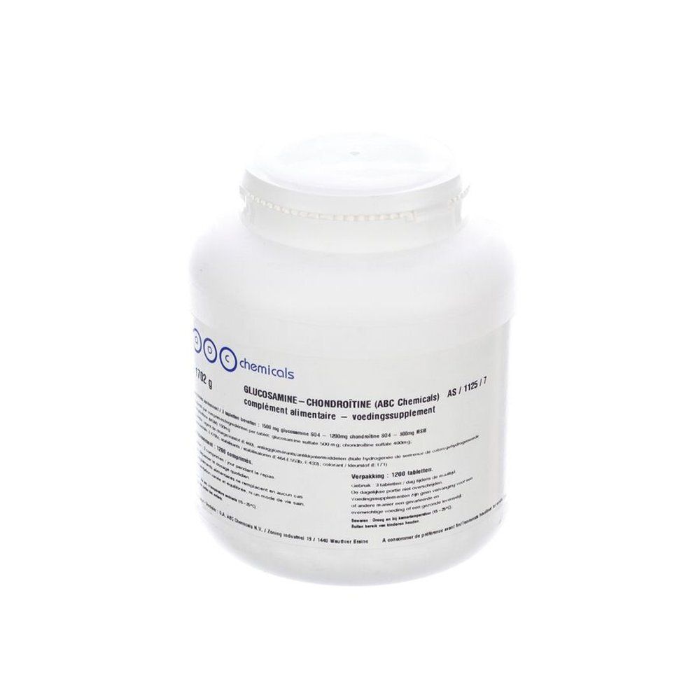 Witte plastic pot met schroefdop. Opschrift: Glucosamine-Chondroitine, ABC Chemicals. Etiket met informatie.
