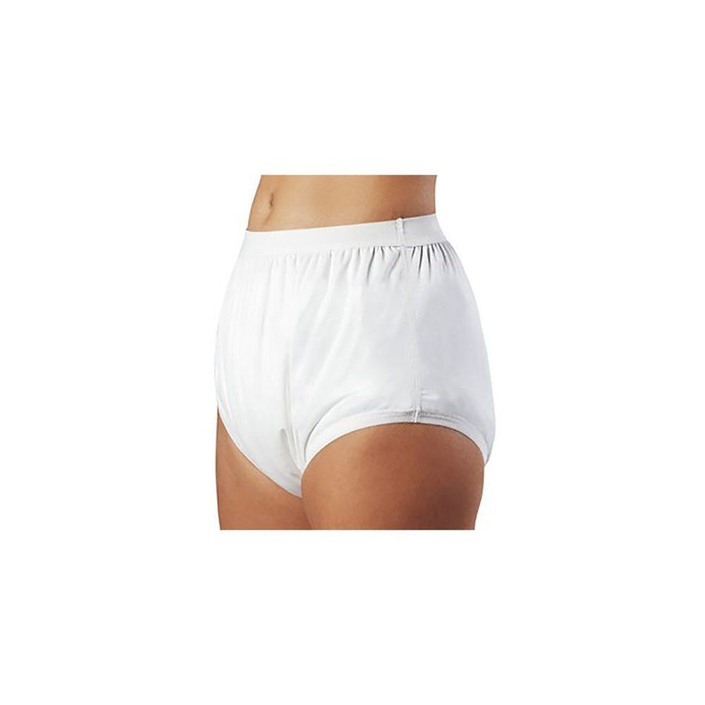 Witte unisex incontinentiebroek. Elastische tailleband en beenopeningen. Zijaanzicht van onderbuik.