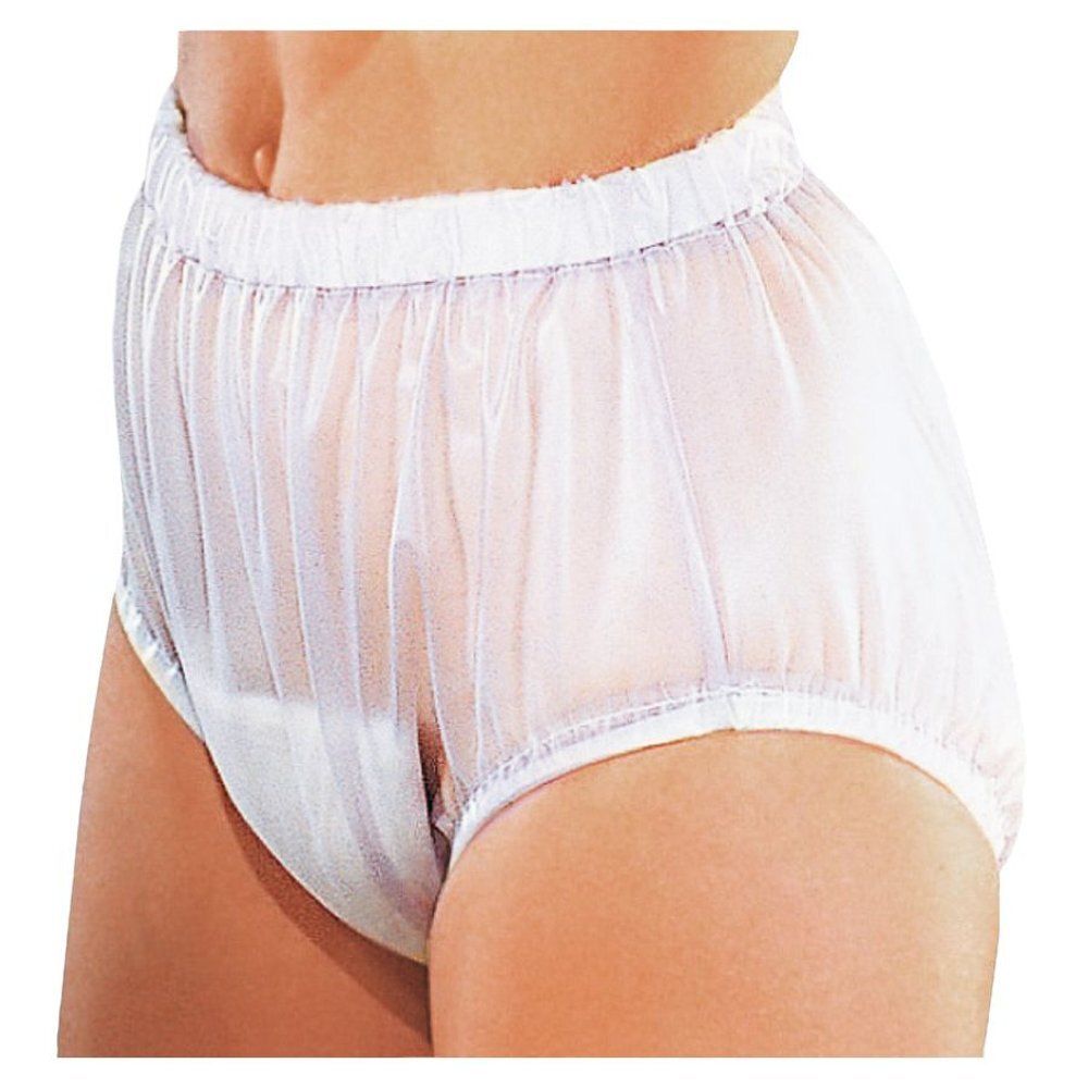 Witte, elastische beschermingsbroek. Gemaakt van transparant materiaal. Toont heupen en benen.