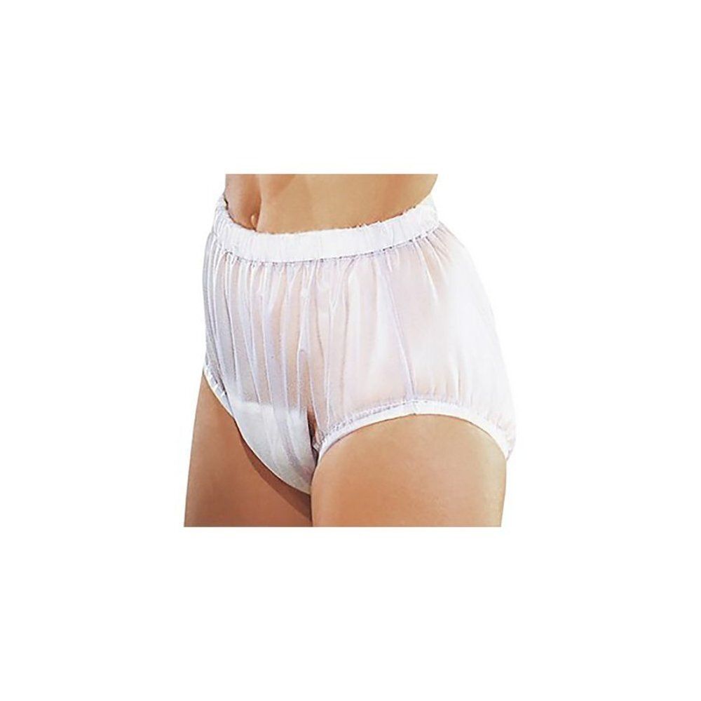 Slip d'incontinence en PVC blanc transparent. Taille et bas de jambes élastiques. Vue latérale du bas-ventre.