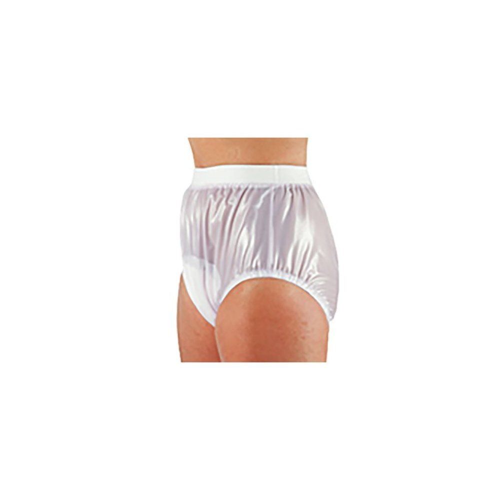 Slip blanc brillant, taille élastique. Le produit couvre le bas du ventre. La taille est blanche.