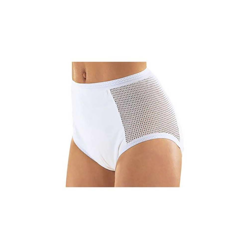 Culotte blanche taille haute avec empiècement en mesh sur le côté. Le tissu est lisse et opaque.