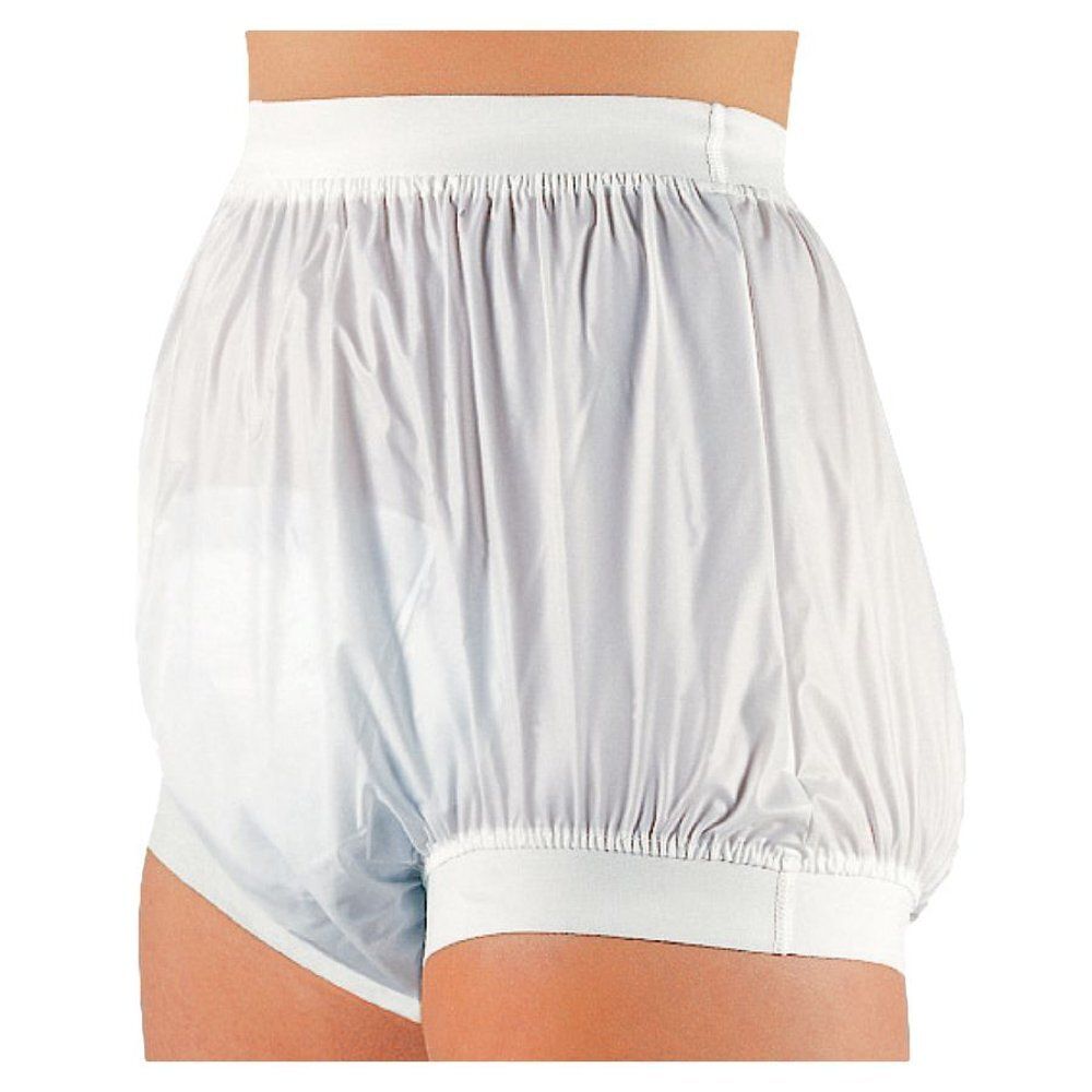 Culotte slip élastique blanche. Modèle unisexe, taille et jambe larges. En PVC.