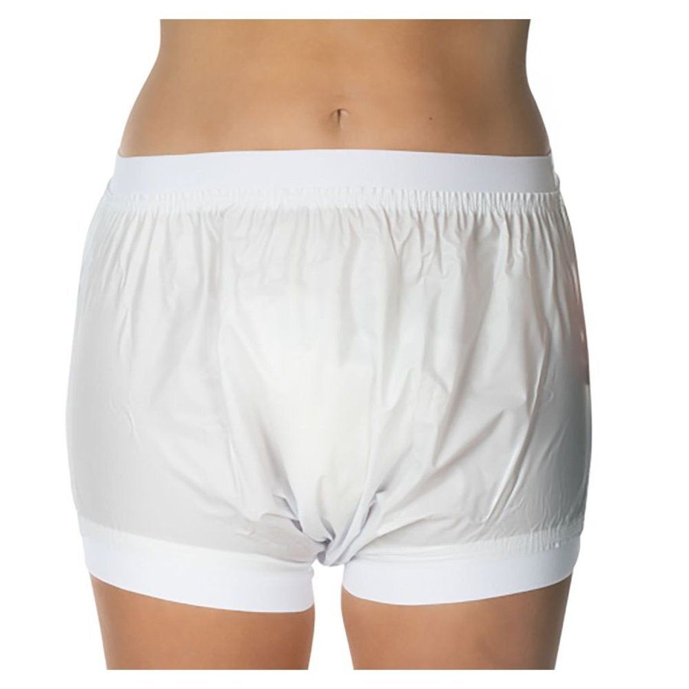 Culotte de protection en PVC blanc, élastique. Grande taille. Unisexe. Vue de face. Bande à la taille et aux jambes.