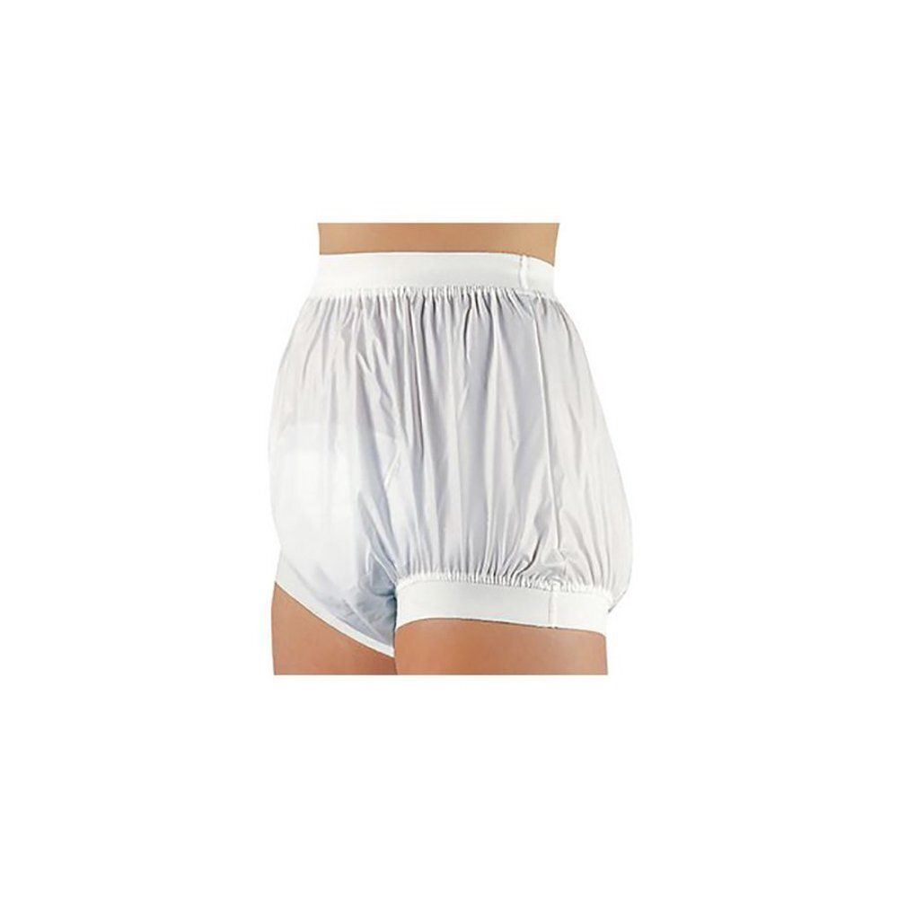Slip d'incontinence blanc. Taille élastique et bas de jambe. Matériau PVC. Unisexe.