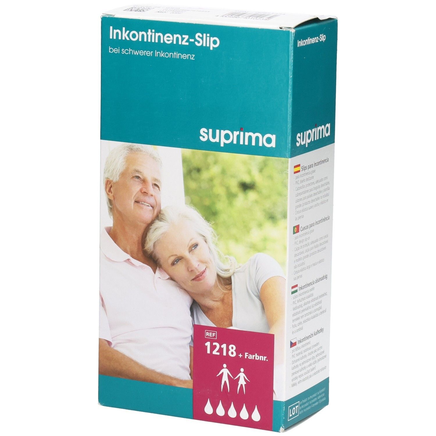 Boîte Suprima Slip pour incontinence. Inscription: 1218, couleurs. Image: couple âgé. Texte: Slip pour incontinence sévère.