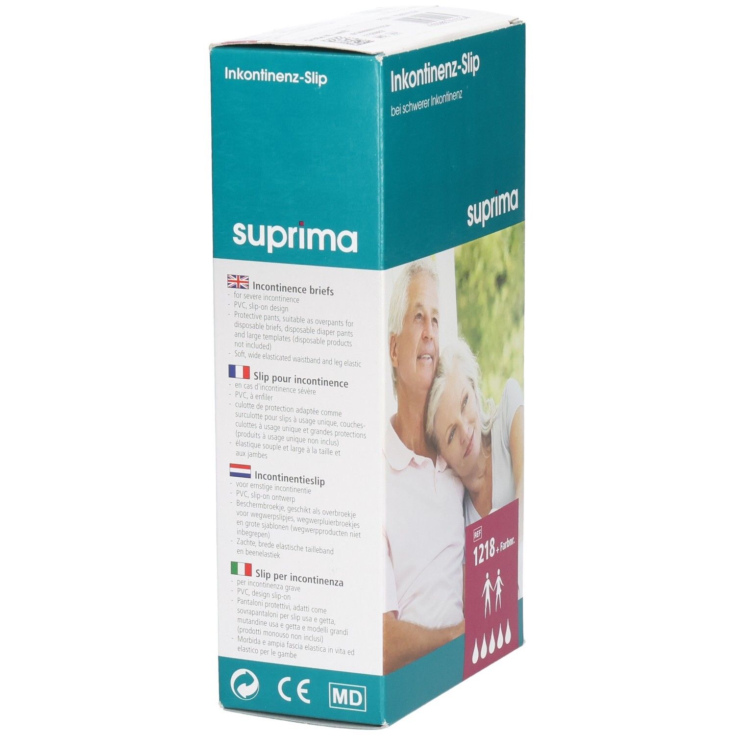 Boîte Suprima Slip pour incontinence. Texte: Slip pour incontinence sévère. Textes multilingues. Marquage CE. Image: couple âgé.