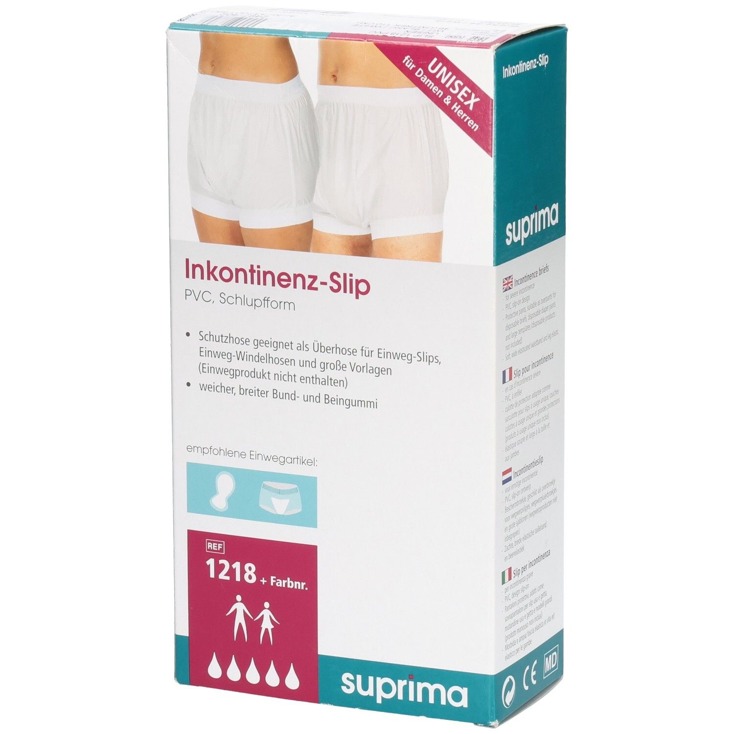 Boîte Suprima Slip pour incontinence. Image: slips blancs. Texte: PVC, forme slip. Unisexe pour femmes et hommes. Inscription: 1218, couleurs.