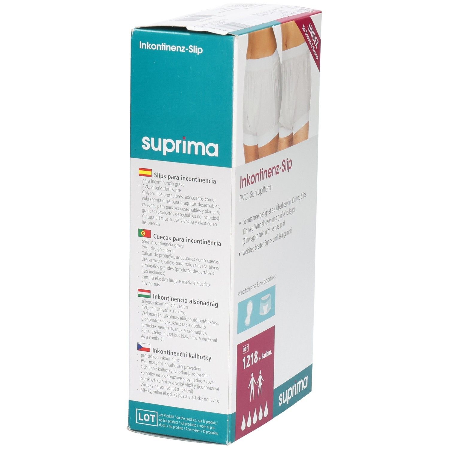 Boîte Suprima Slip pour incontinence. Textes multilingues. Image: slips blancs. Texte: PVC, forme slip. Inscription: 1218, couleurs.