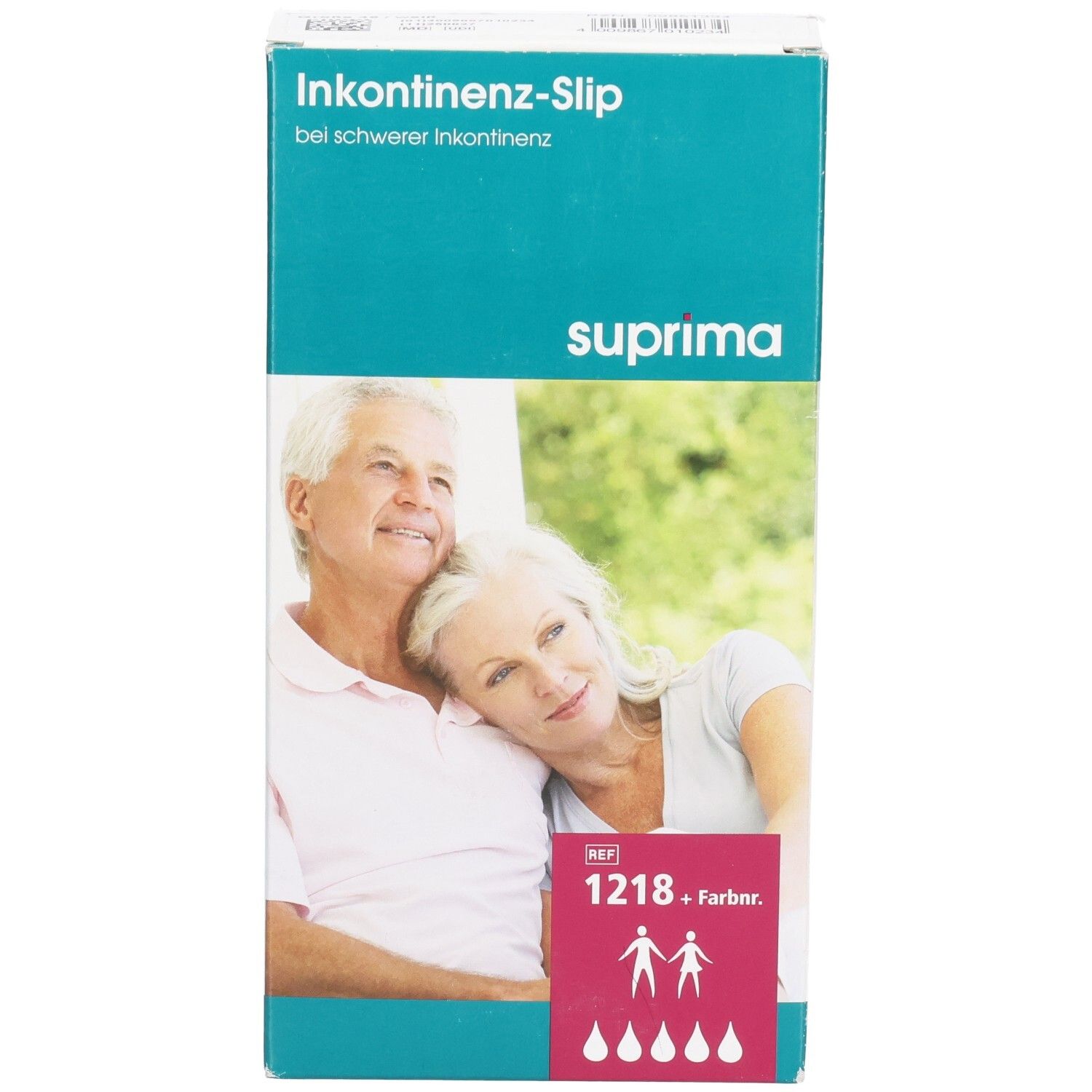 Boîte Suprima Slip pour incontinence. Inscription: 1218, couleurs. Image: couple âgé. Texte: Slip pour incontinence sévère.