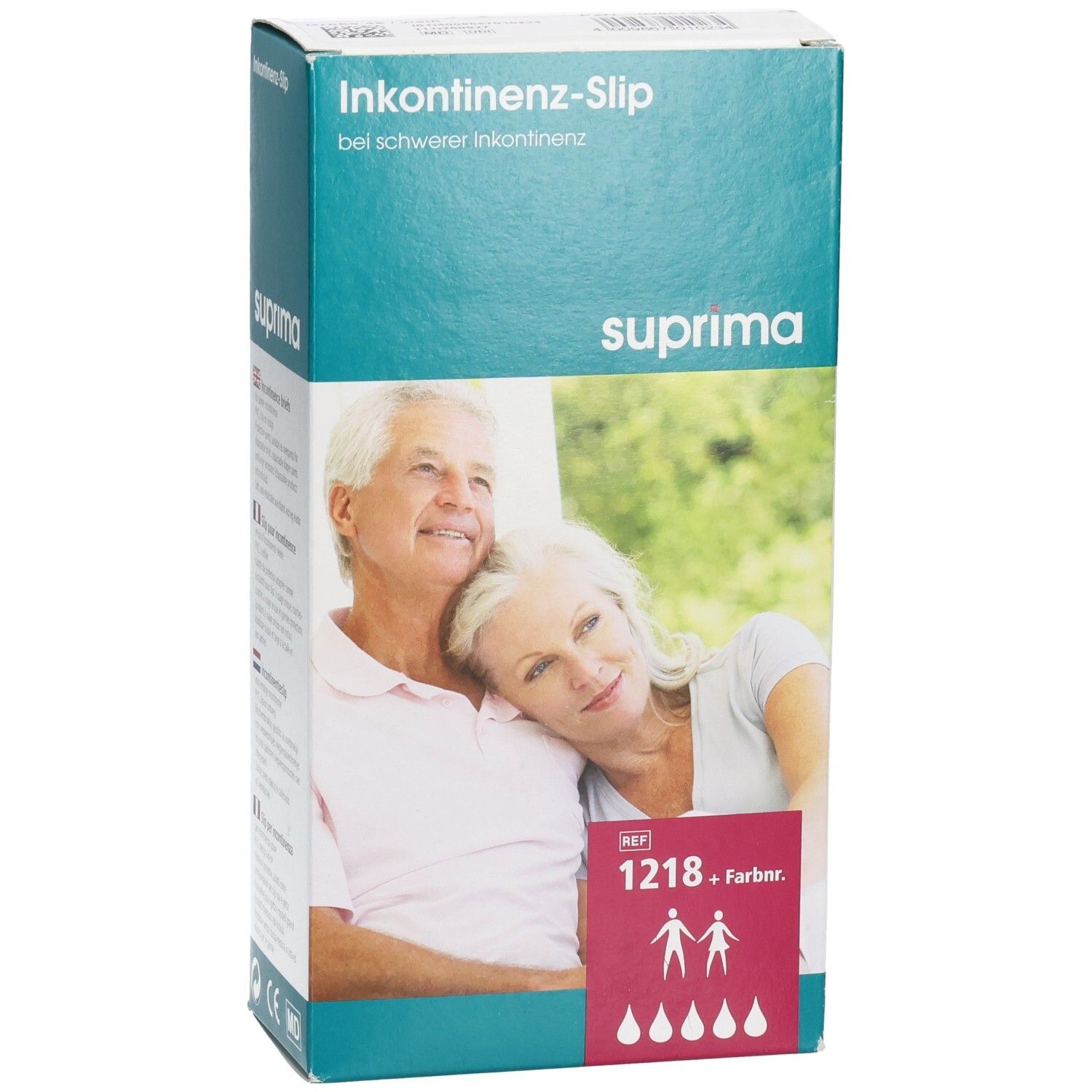 Boîte Suprima Slip pour incontinence. Inscription: 1218, couleurs. Image: couple âgé. Texte: Slip pour incontinence sévère.