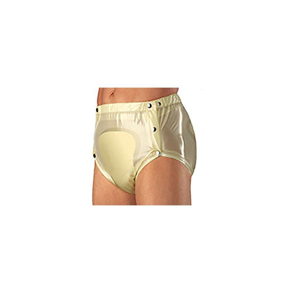 Slip en PVC jaune clair avec boutons-pression. Taille Medium. Vue latérale, partiellement porté.