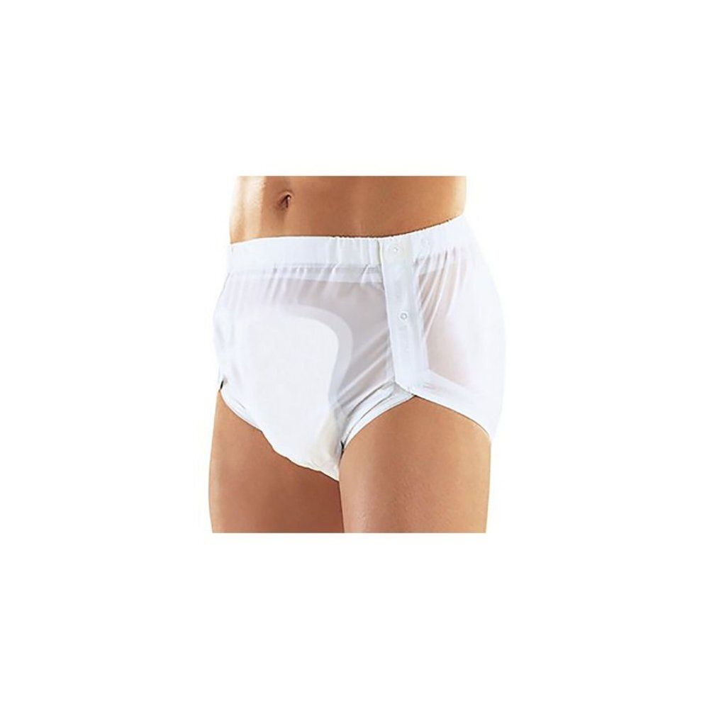Slip en PVC blanc, boutonné sur le côté. Boutons visibles. Pour incontinence.