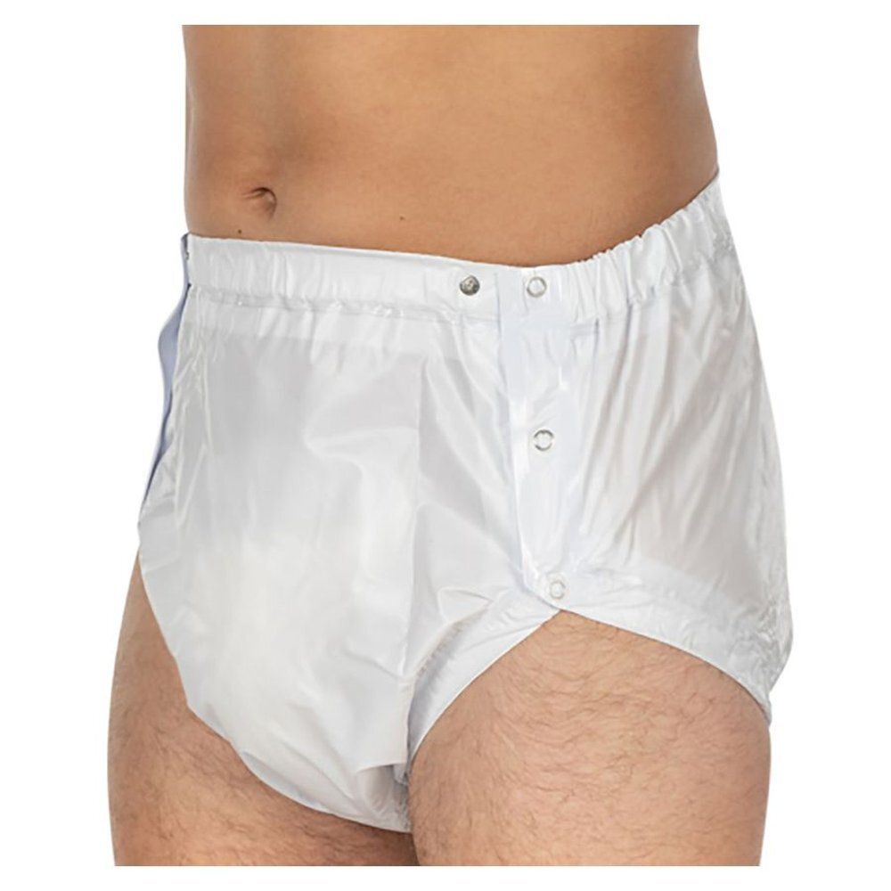 Witte PVC slip, aan de zijkant met knopen. Zichtbare knopen. Voor incontinentie.