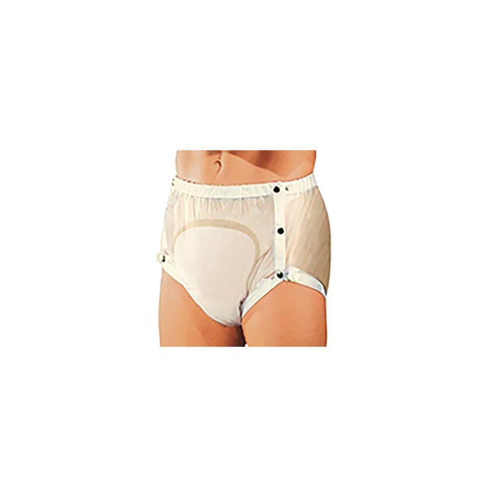 Culotte d'incontinence blanche avec boutons-pression. Ouverture latérale à boutons. Taille élastique.