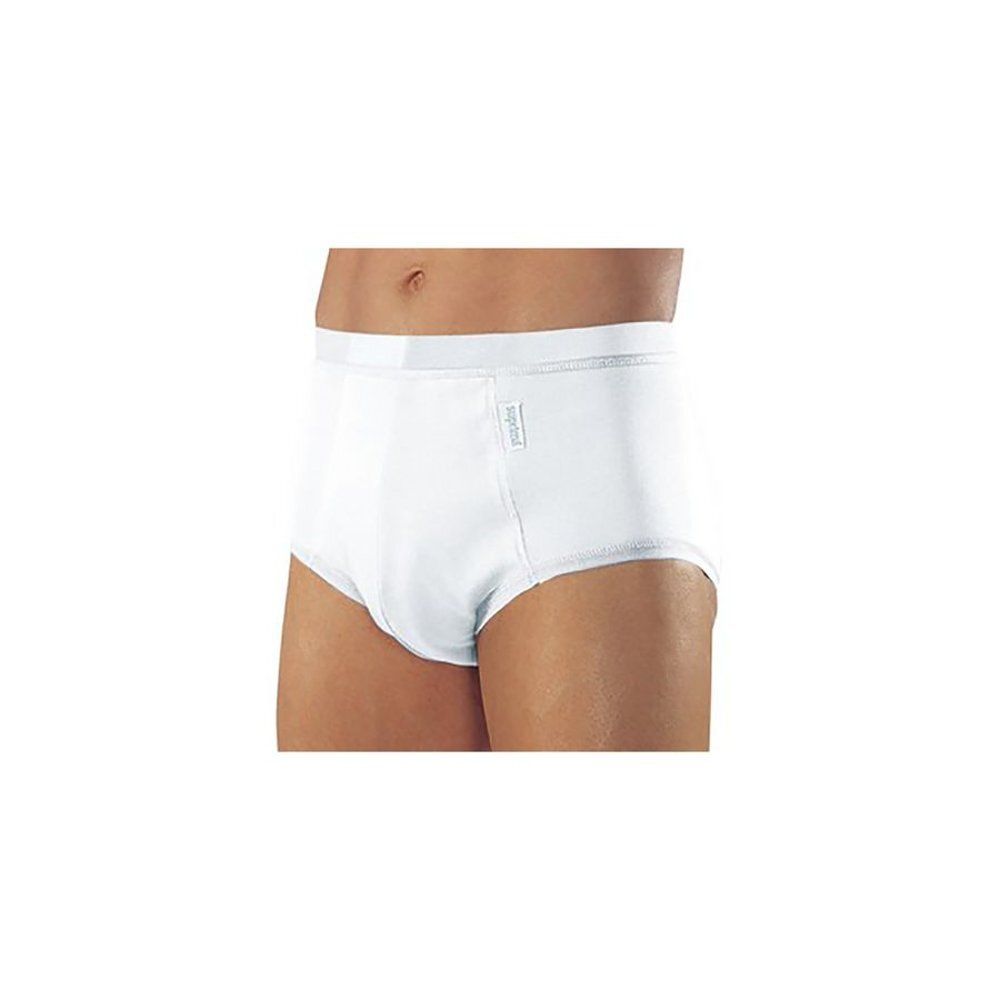 Slip blanc pour homme. Un petit patch de marque est visible. Le slip couvre le ventre et les cuisses.