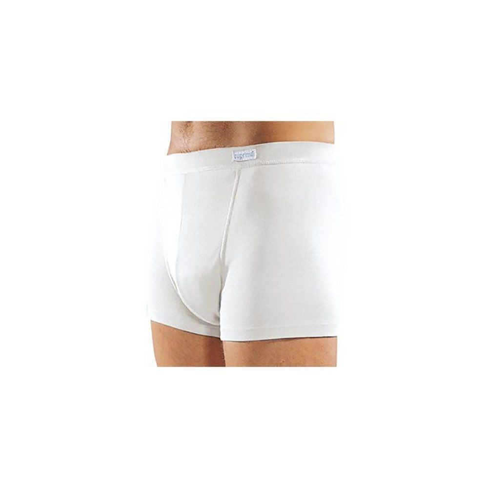 Witte heren boxershort. Elastische tailleband, rechthoekige snit. Klein label op de tailleband.