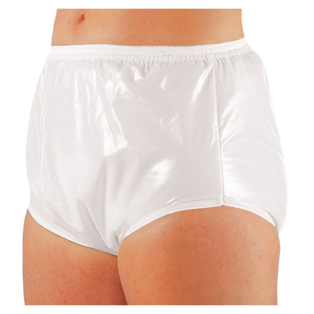 Culotte de protection blanche et brillante. Taille et jambes élastiquées. Fabriquée en matériau lisse.